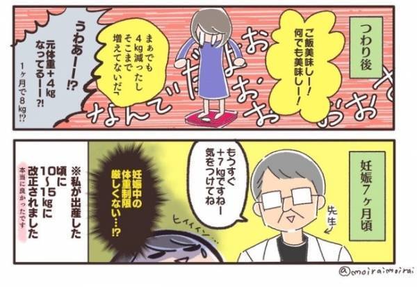 ＜夫婦で育休＞食べることができず苦しかったつわりの時期。しかしピークを過ぎると体重は増えていき…