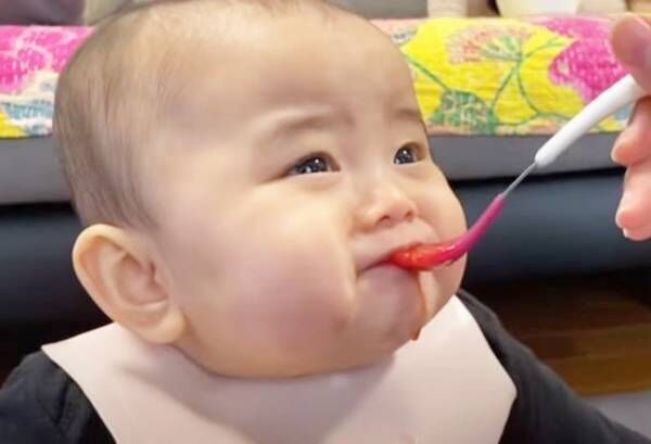 【142万回再生】6カ月の赤ちゃんが初めてのイチゴに挑戦！すっぱい表情がクセになる…！