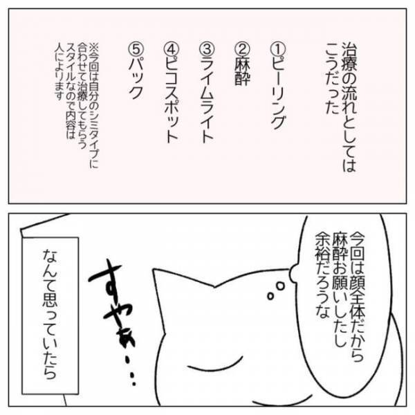 ＜顔のシミ取り＞「バチッバチッ」ん？麻酔効いてる？レーザーを当てられた瞬間ヒヤリとして