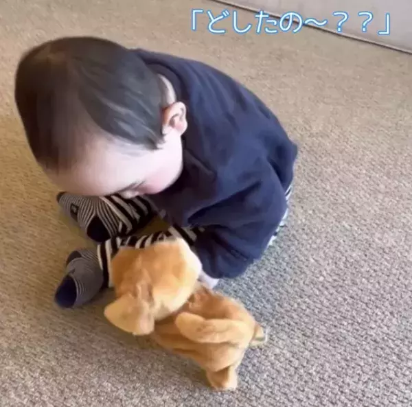 赤ちゃんが、おもちゃのわんこに♡