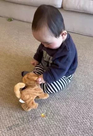 赤ちゃんが、おもちゃのわんこに♡