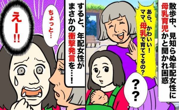 「え…怖い…」散歩中、見知らぬ年配女性に母乳育児かと聞かれ困惑→続けて年配女性が衝撃の発言を…！