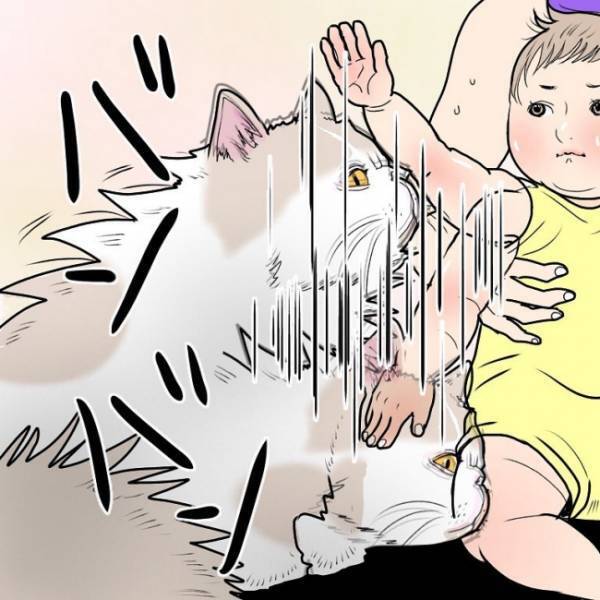 ペットに興味津々の娘。力強く毛を掴むとなかなか離さず！痛いはずなのに猫は驚きの反応を示して！？