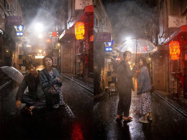 綾野剛＆さとうほなみ、雨の中で佇む『花腐し』メイキングショット