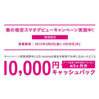 UQ mobile、1万円を還元する「春の格安スマホ デビューキャンペーン」実施