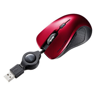 サンワ、エルゴノミクス形状の巻き取りケーブル式ブルーLEDマウス