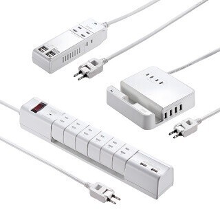 サンワダイレクト、ACコンセント+USB充電ポートでユニーク形状の電源タップ