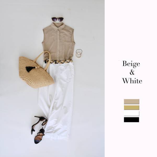 ベージュ×ホワイトコーデは、引き締め小物を取り入れて