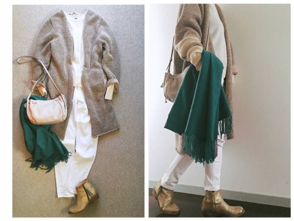 白グラデーションでやわらかく、優しく見せるコーデ