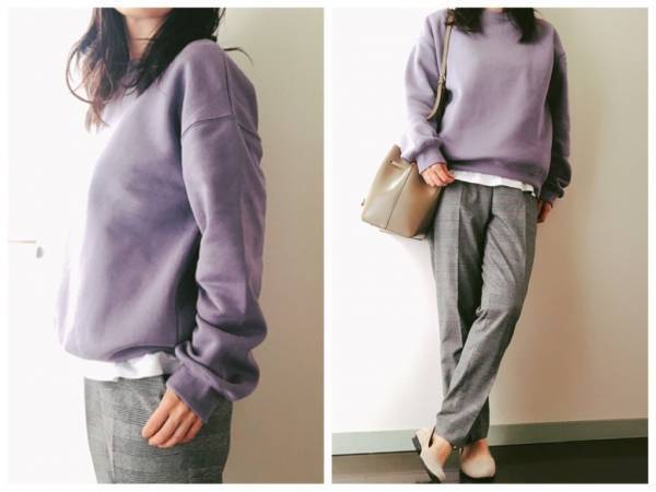 GUのスウェット990円はくすみパープルを指名！　レイヤードで楽しむ大人コーデ