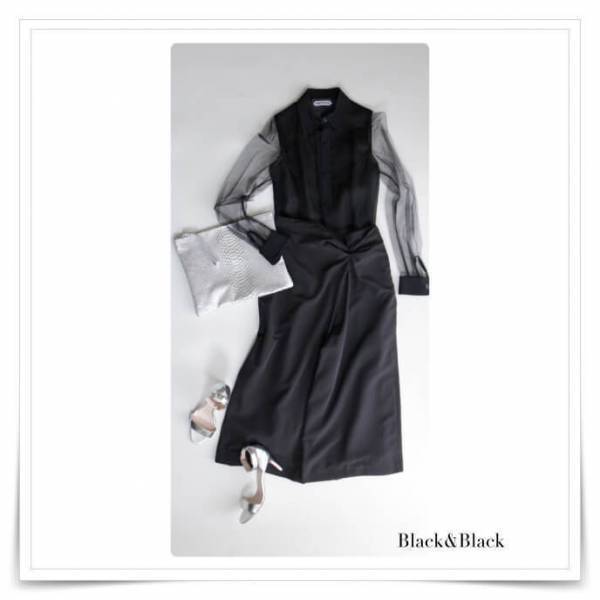 春のオールブラック、かろやかに見せるコツは、素材と質感を変えること