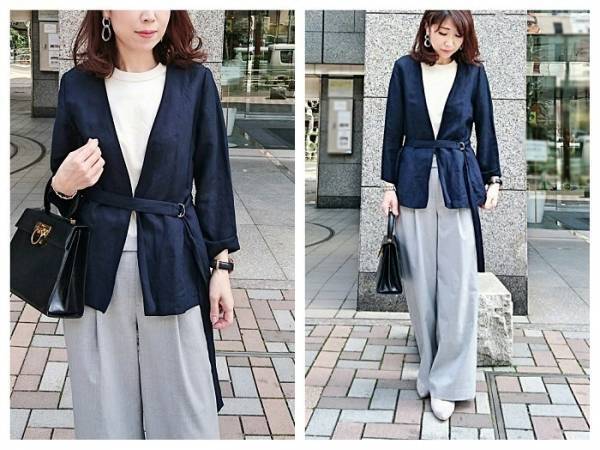 Vネックのノーカラージャケットで即、旬顔！　オンにもオフにも使えます