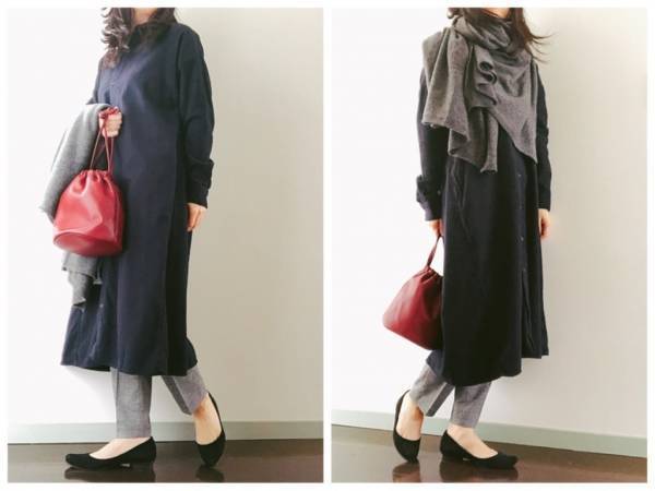無印良品のフランネルワンピース3990円で、年末のレイヤードコーデ
