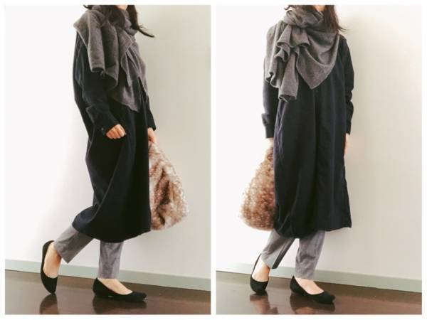 無印良品のフランネルワンピース3990円で、年末のレイヤードコーデ