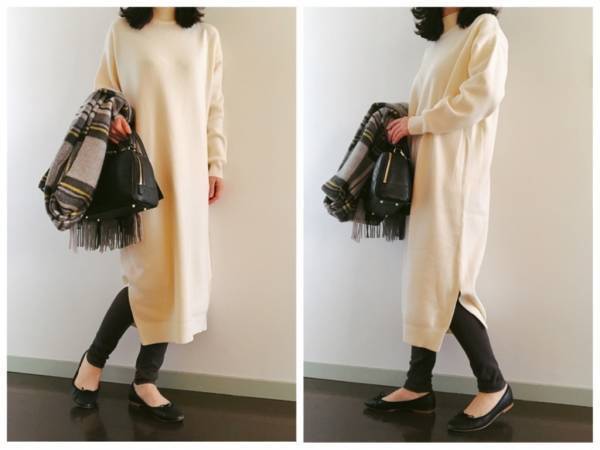 GUニットワンピース＆無印良品レギンスで、U3000円のレイヤードコーデ