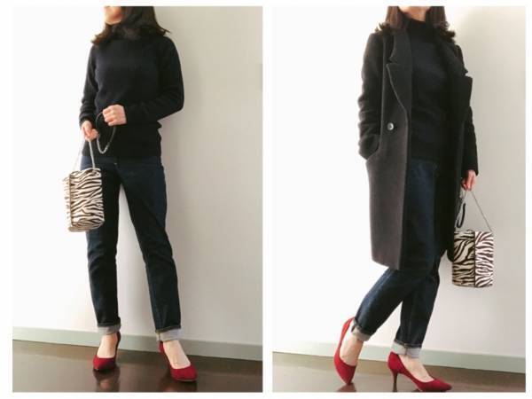 無印良品2990円のチクチクしないタートルセーター。デニムと楽しむ大人コーデ