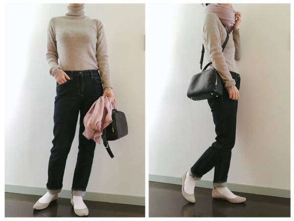 無印良品の春まで使えるセーター2990円。穏やかな色が主役の大人のコーデ