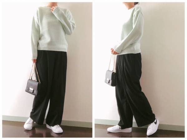 GU「ライトグリーンセーター」790円で叶える、“春感”大人の白スニーカーコーデ