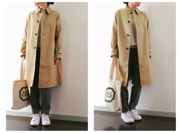 無印良品のステンカラーコートU5000。春先の大人カジュアルコーデ