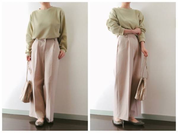 無印良品のワッフルTシャツ1990円。今旬くすみグリーンで大人の春コーデ