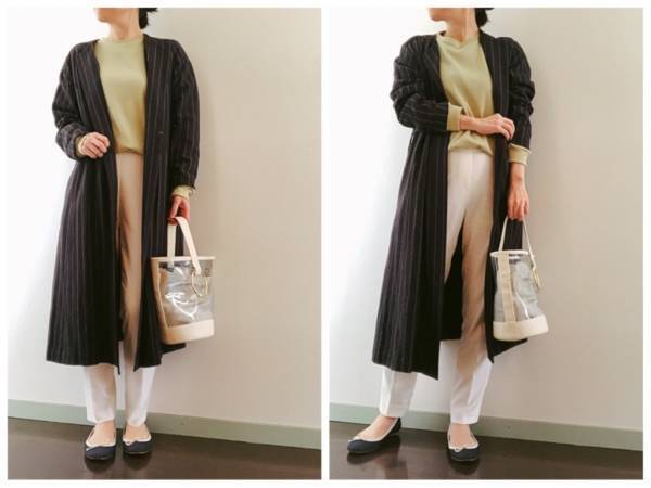 無印良品のワッフルTシャツ1990円。今旬くすみグリーンで大人の春コーデ