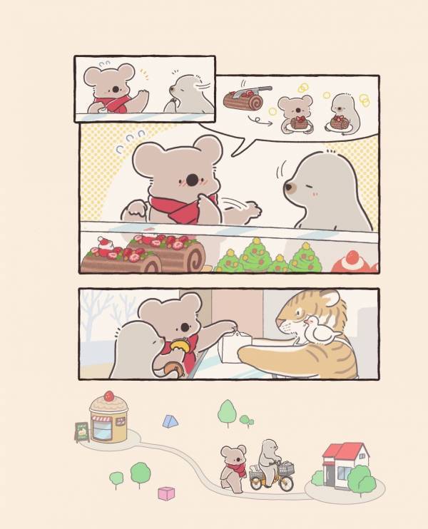 一人で食べるには大きすぎるケーキに悩むクリスマス。コアラの解決法がかわいすぎる【コアラ絵日記4 #12】