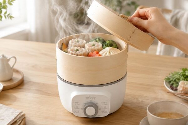 せいろ蒸しの火加減調節・コンロ消費お悩みを解消！　タイマーセットだけで使える小型電気蒸し器登場