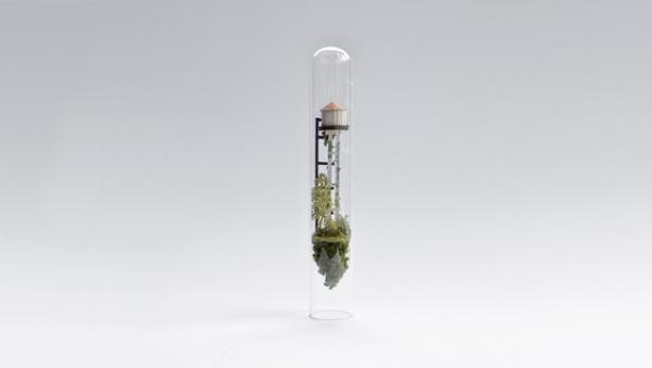 指先から生まれるミニチュア世界、試験官の中に収められた景観の一角