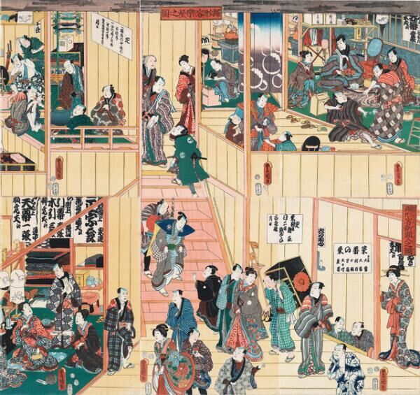 歌川国貞 「踊形容楽屋之図 踊形容新開入之図」 安政 3（1856）年