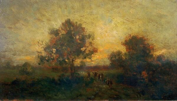 テオドール・ルソー《バルビゾン、夕暮れの牧草地》1840年頃油彩、パネル11.5×20cm個人蔵Collection privee「画像写真の無断転載を禁じます」