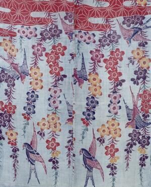 水色地霞枝垂桜燕文様紅型子供衣裳(部分) 琉球王朝時代 19世紀