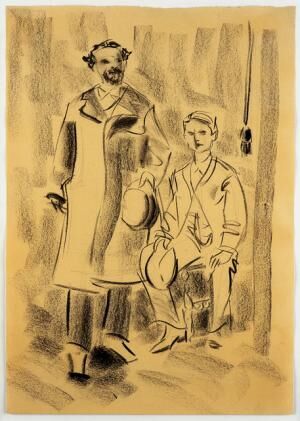 「Ludwig II with Josef Kainz」1992紙にチャコール41.9×29.8cm