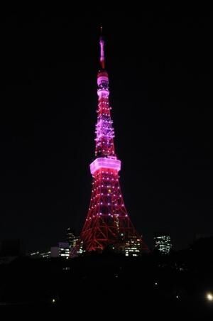 ピンクにライトアップされた東京タワー