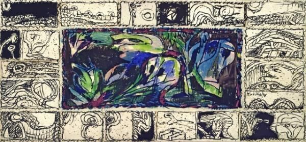 《肝心な森》1981-84年アクリル絵具/インク、キャンバスで裏打ちした紙作家蔵