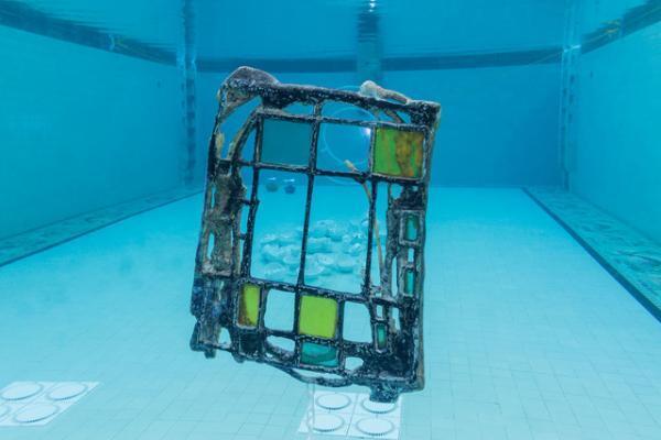 プールの中に並ぶアート作品。世にも珍しい水中エキシビション「シュノーケル・ドリームス」
