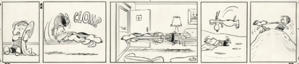 ライナスと大切な安心毛布をつけ狙うスヌーピー「ピーナッツ」原画(部分)1960年1月10日