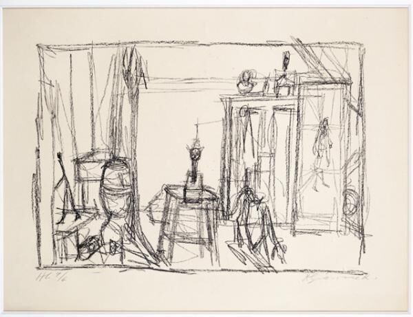 アルベルト・ジャコメッティ《犬、猫、絵画》1954年リトグラフ、ヴェランアルシュ紙マルグリット&エメ・マーグ財団美術館、サン＝ポール・ド・ヴァンス