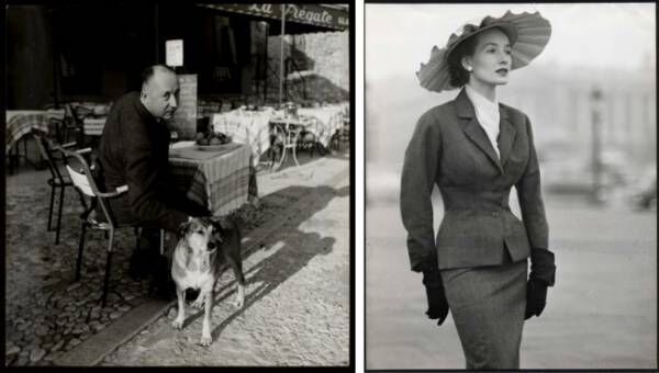 左：クリスチャン・ディオールと愛犬のボビー。(C)AGIP Bridgeman Images 右：1953春夏 オートクチュール コレクションより、「ボビー」と呼ばれたスーツ。(C)Association WILLY MAYWALD ADAGP 2020