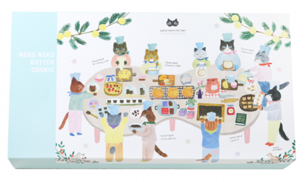 イラストレーター 布川愛子のイラストがパッケージ。猫のカタチの「ねこねこバタークッキー」が登場