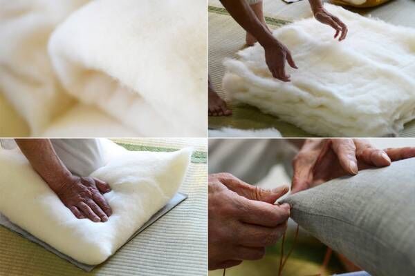 小座布団の中綿は、インド綿の中でも野生種に近い高品質な綿花のコットン。通常の倍量を使用しているため、熟練の技が必要。