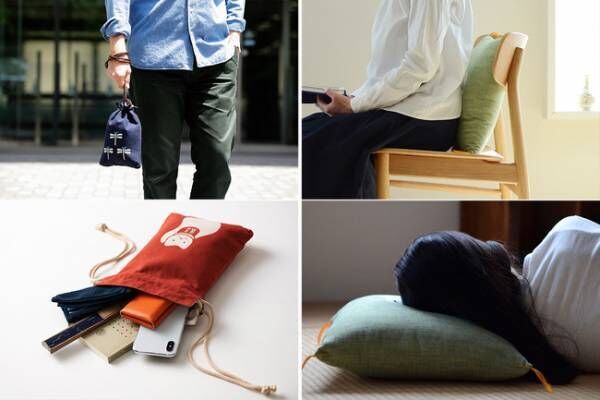 合財袋(左)は、ポーチやバッグインバッグ、そのまま手提げとしてなど用途はいろいろ。小座布団(右)は、クッションやお昼寝枕としてもちょうど良い。