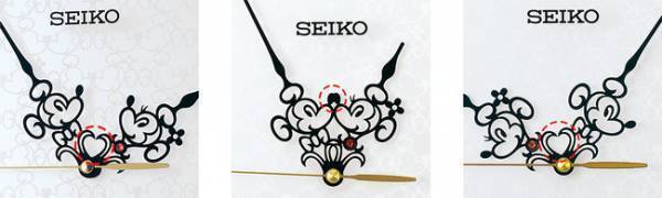 1日に22回出会ってキスをするというロマンチックな演出。ミッキーマウス & ミニーマウスの新作掛時計