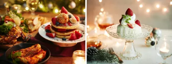▲左）クリスマスパーティーBOX、右）ホワイトチョコとクリームチーズのパンケーキ