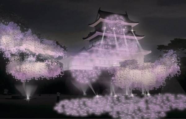 小田原城で光と音の“体感型”イルミネーション - 手を繋ぐと桜の光が様々な色に変化