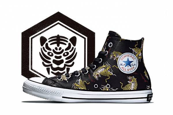 コンバースから「スカジャン」をイメージしたオールスター、西陣織のアッパーに虎柄を散りばめて