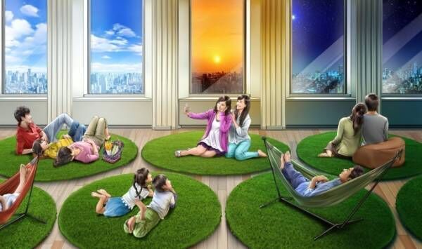 「空ピクニック」サンシャイン60展望台で、人工芝にハンモックなどを設置 - 絶景をお花見気分で