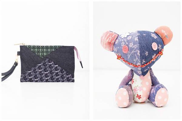 京都デニムから女性向け春小物 - さくら咲くくまぬいぐるみやポーチなど全て1点もの