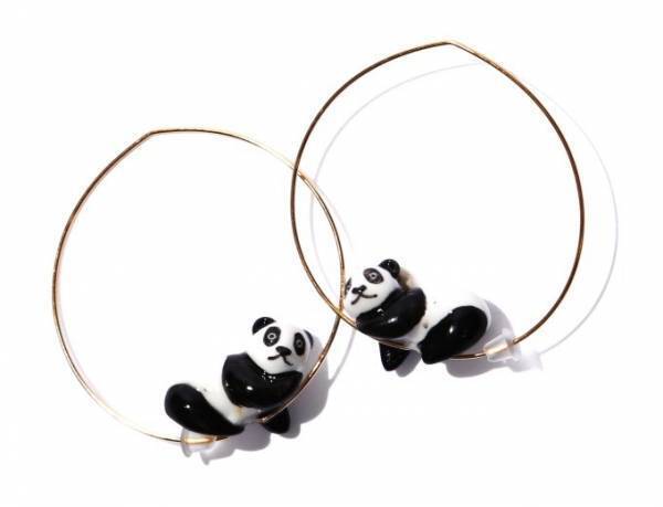 ナッシュから陶器の"動物"アクセサリー - パンダが遊ぶフープピアスや、フラミンゴのリング