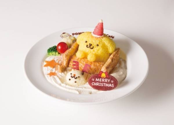 ポムポムプリンカフェのクリスマス、サンタクロースのプリンを乗せたクリームシチューやブッシュドノエル