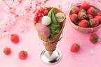辻利 銀座店の春限定パルフェ ‐ コク深い抹茶アイスに苺＆もっちり桜餡をのせて